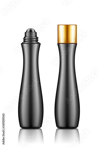 Lip, eye roller black bottle with cream, serum, essential oil for lifting, anti-age care, wrinkle prevent. Blank cosmetic product container mockup. Packaging design. 3d realistic vector illustration