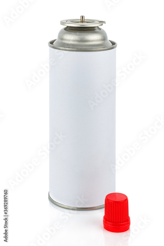 Portable gas cylinder for welding torch with removed protective red cap isolated on white background