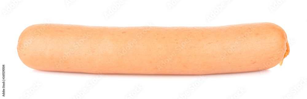 Side view of single uncooked sausage in natural shell isolated on white background Side view of single uncooked sausage in natural shell isolated on white background