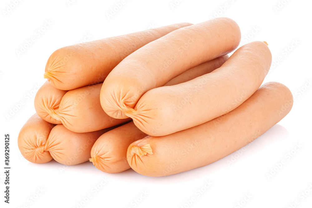 Heap of uncooked sausages in natural shell isolated on white background Heap of uncooked sausages in natural shell isolated on white background