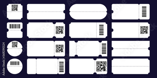 Set ticket template with tear-off element, barcode and QR code isolated.
