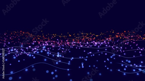 Abstract digital waves with bokeh lights moving on dark background