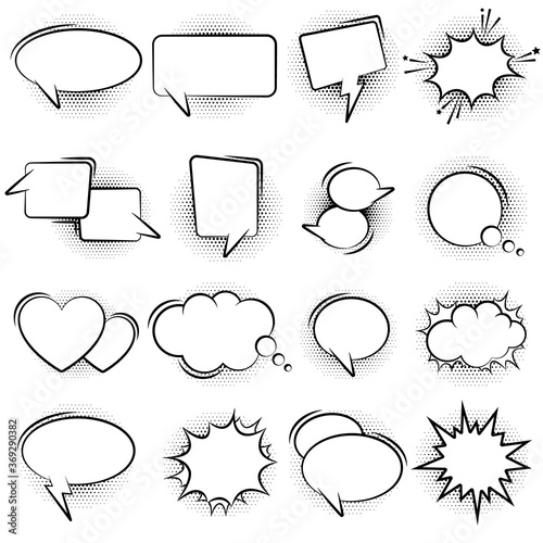 Set of vector speech bubbles with halftone dots. Pop art style 