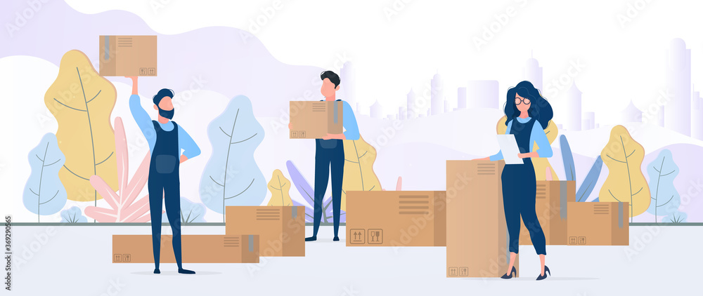 People with boxes. Movers are holding cardboard boxes. The girl with the list in her hands. Design element on the subject of delivery and moving. Vector. People with boxes. Movers are holding cardboard boxes. The girl with the list in her hands. Design element on the subject of delivery and moving. Vector.