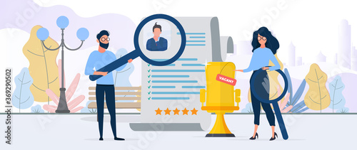 Free place. The guy under the magnifying glass reviews the resume. Girl shows on a vacant place. The concept of finding people for work. Vector