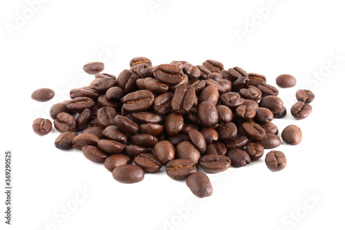 Close up Coffee beans isolated on the white background Dark roasted coffee.