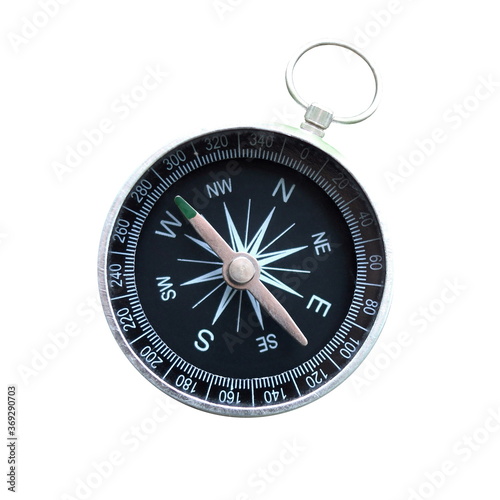 round compass isolated on white background for abstract image with place for text as symbol of tourism with compass, travel with compass and outdoor activities with compass