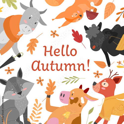 Hello autumn, cute fall concept vector illustration. Cartoon flat floral autumnal background, kids card design with funny wild zoo farm animals holding fallen yellow tree leaves, umbrella or mushrooms