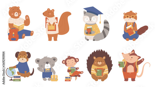 Animals read books vector illustration. Cartoon flat clever animalistic booklover characters collection with zoo or pet students or pupils reading and studying at school, schooling isolated on white