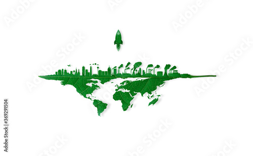 Fototapeta Naklejka Na Ścianę i Meble -  A rocket flying over the earth. To find a new place for the world.The city growth on the earth.Toxic smoke destroys the environment.