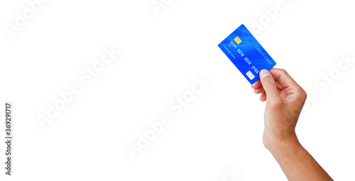 hand holding a blue credit card on white background with clipping path. shopping on line for buy-sell with e-commerce technology.