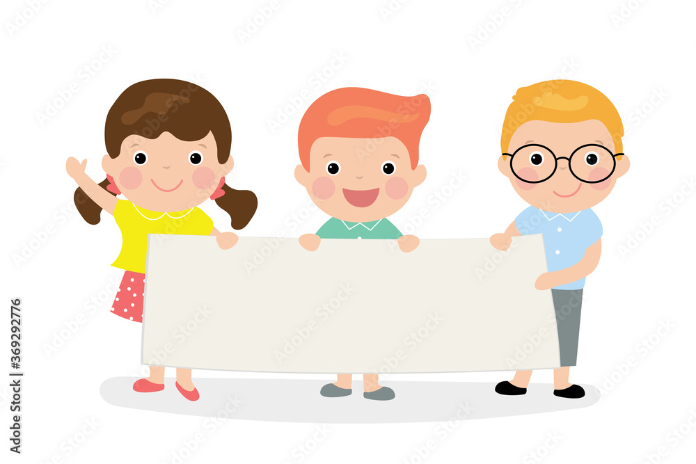 Three cartoon kids holding empty banner template. Blank space for text or design. Three cartoon kids holding empty banner template. Blank space for text or design.