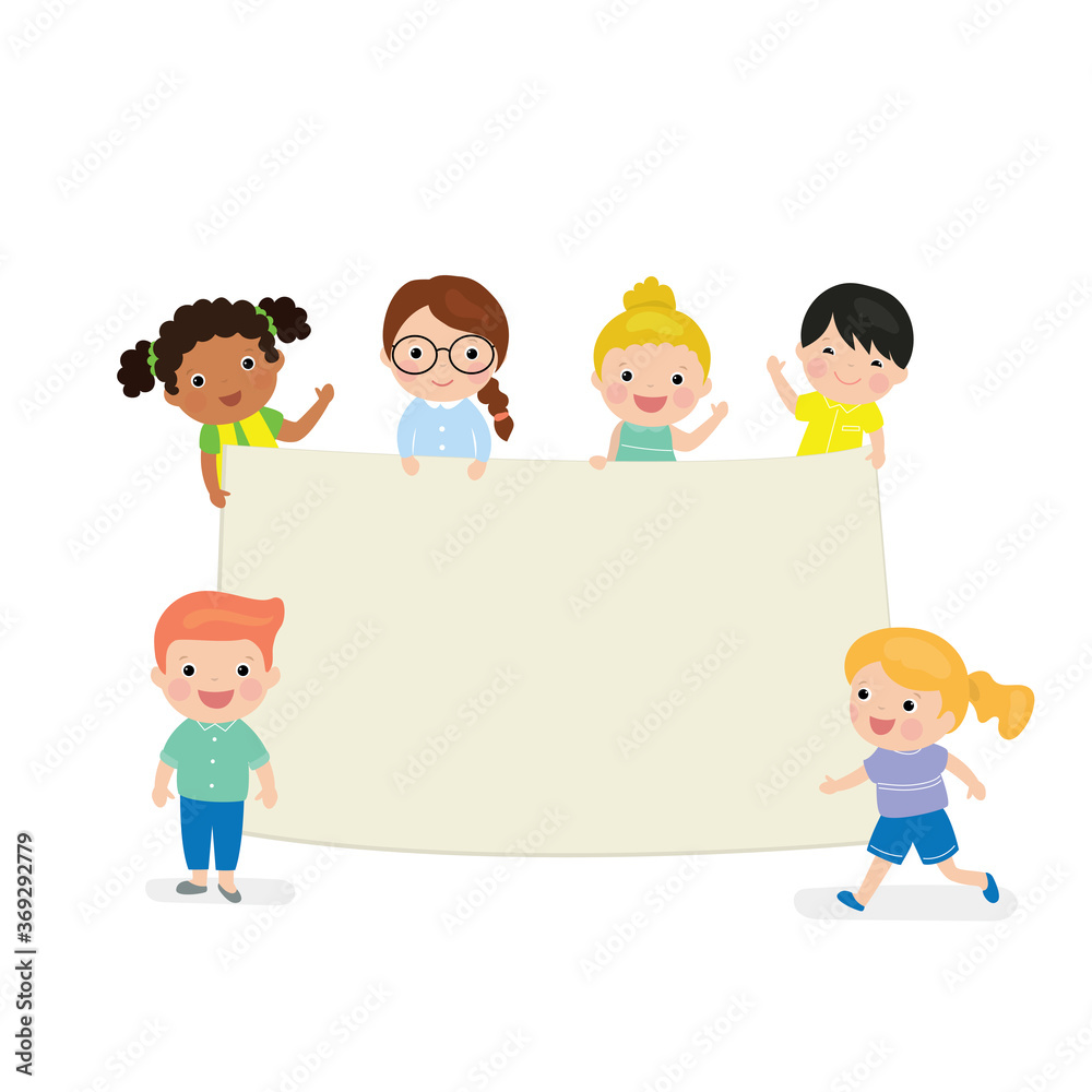 Cartoon kids holding empty banner template. Blank space for text or design. Multi-ethnic group of children. Cartoon kids holding empty banner template. Blank space for text or design. Multi-ethnic group of children.