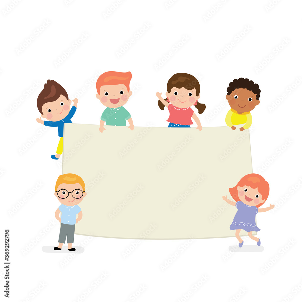 Cartoon kids holding empty banner template. Blank space for text or design. Multi-ethnic group of children. Cartoon kids holding empty banner template. Blank space for text or design. Multi-ethnic group of children.