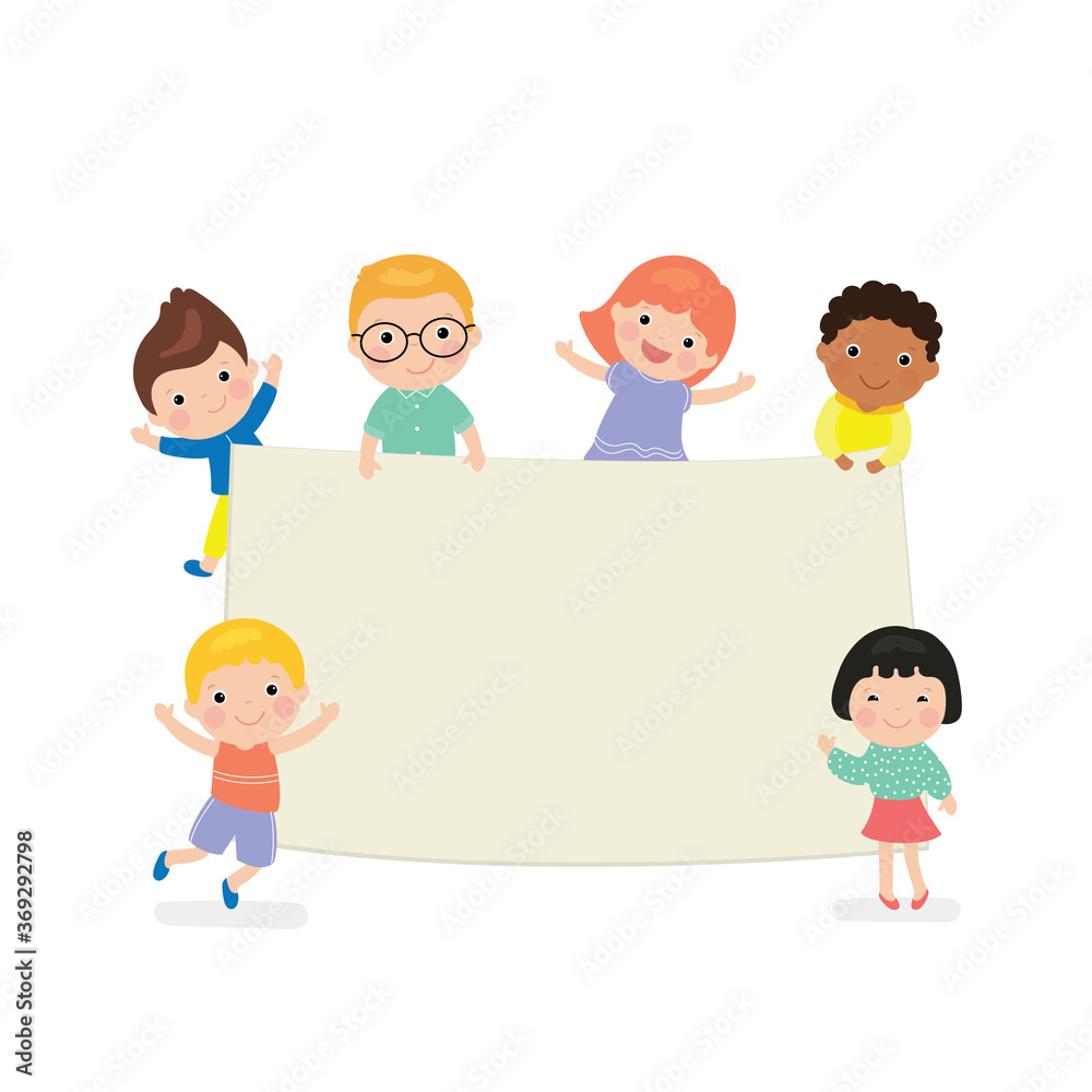 Cartoon kids holding empty banner template. Blank space for text or design. Multi-ethnic group of children. Cartoon kids holding empty banner template. Blank space for text or design. Multi-ethnic group of children.