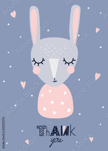 Thank you card with cute bunny in nordic style and funny lettering. Vector illustration