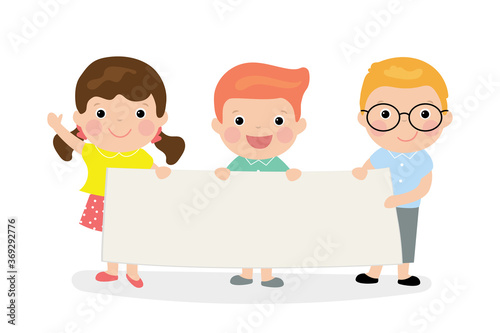 Three cartoon kids holding empty banner template. Blank space for text or design.