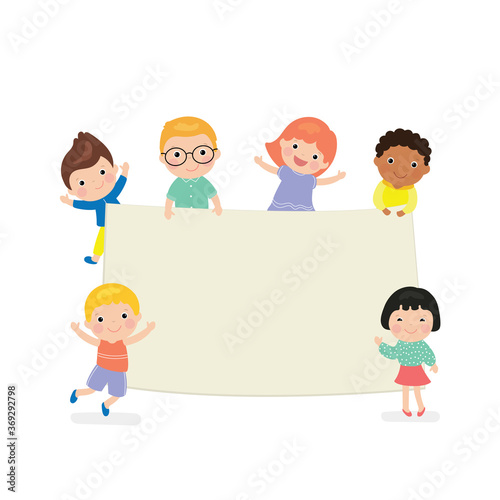 Cartoon kids holding empty banner template. Blank space for text or design. Multi-ethnic group of children.