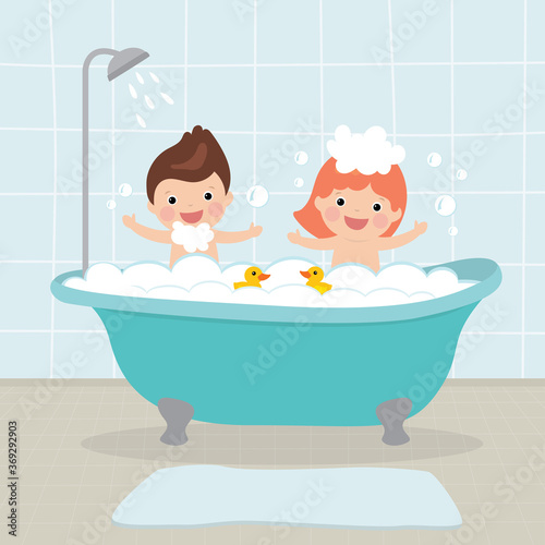 Cartoon caucasian kids takes a bath together. Happy children sits in bathtub with soap bubbles.