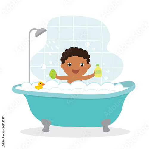 Cartoon african american boy kid takes a bath. Happy child sits in bathtub with soap bubbles.