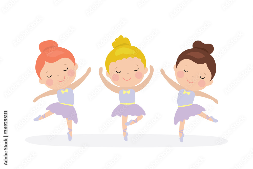 Three cartoon girls ballerinas dance. Ballet dancer schoolgirl. Caucasian preschooler girls