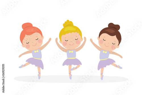 Three cartoon girls ballerinas dance. Ballet dancer schoolgirl. Caucasian preschooler girls