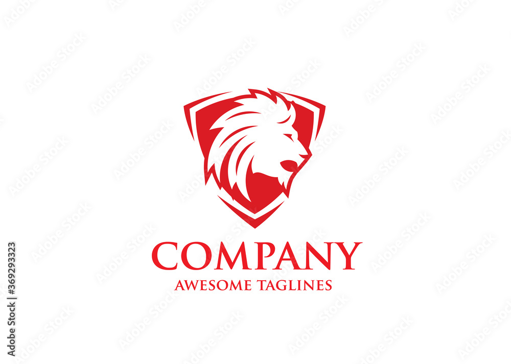 Fototapeta premium lion shield luxury logo icon, elegant lion shield logo design illustration, lion head, lion shield symbol