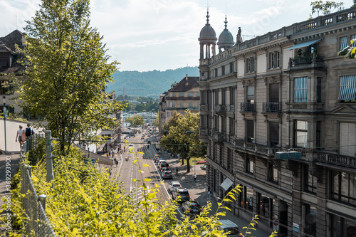 Top view of the street in Zurich. Cars traffic, wires, beautiful architecture photo