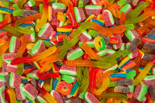 Assorted gummy candies. Top view. Jelly  sweets background.