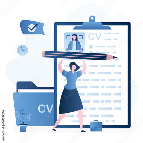 Woman job seeker hold big pencil and write cv. Resume of candidate with avatar. Unemployment, female character searching job.