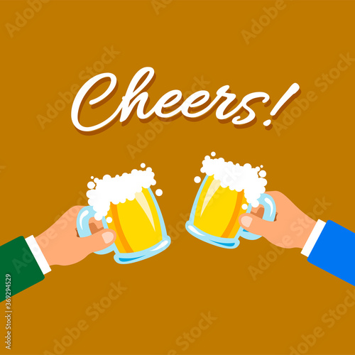 Cheers mugs of beer. Oktoberfest 2020 banner. Autumn holidays. Isolated vector Illustration. Design for web page, invitations, flyers.	