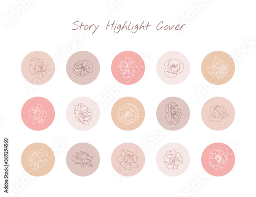 Set of icons and emblems for social media story highlight covers. Beautiful floral design with rose and peony line art flowers. - Vector