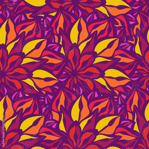 Vector seamless pattern colorful design of leaf doodles in lines on dark purple