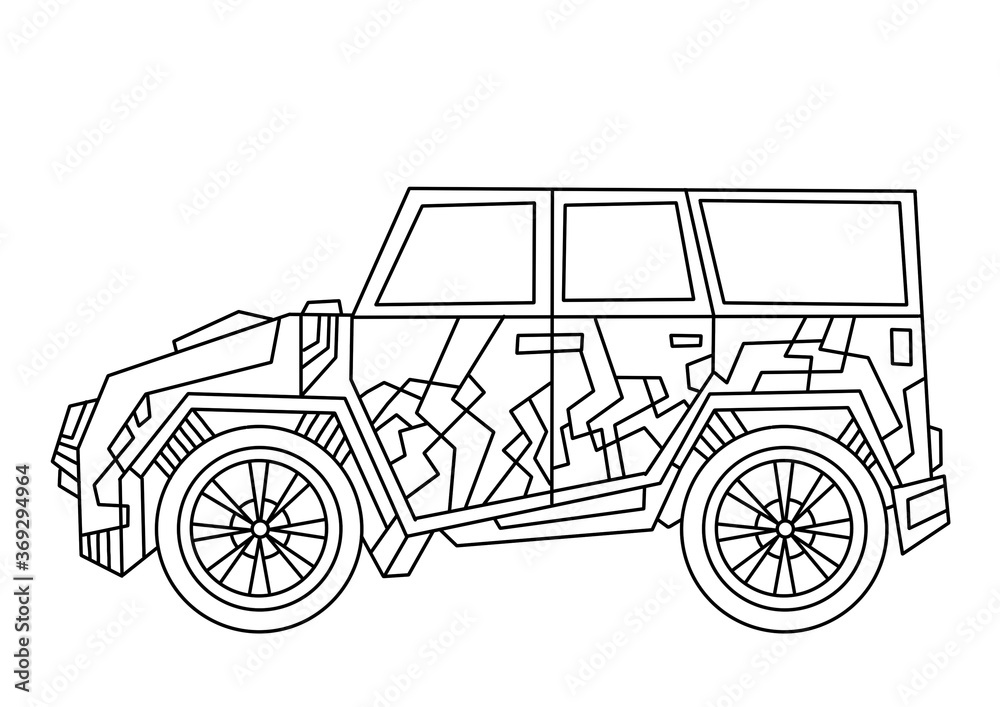 SUV cars. Big car. Coloring book for children. Road car, truck, traffic. Simple lines, author's illustrations.