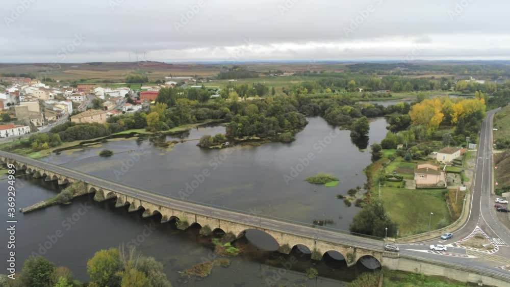 Salamanca. Bridge in river. Village of Alba de Tormes, Spain. Aerial Drone Footage Salamanca. Bridge in river. Village of Alba de Tormes, Spain. Aerial Drone Footage