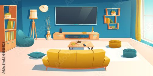 Living room interior with sofa, tv, bookshelf and coffee table. Apartment with couch front of television set on wall, empty home design with bean bag chair and decoration, Cartoon vector illustration