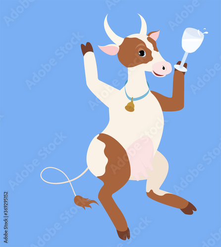 cheerful spotted cow dances merrily with a glass of milk. cartoon cow isolated on a blue background.