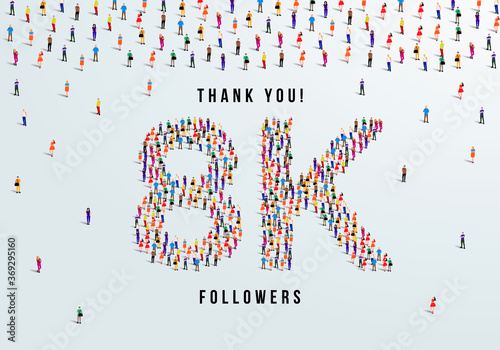 Thank you, 8k or eight thousand followers celebration design. Large group of people form to create a shape 8k. Vector illustration.