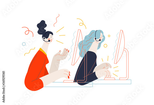 Business topics - call center. Flat style modern outlined vector concept illustration. Two young women at the computers wearing headsets talking to the clients by the phone. Business metaphor.