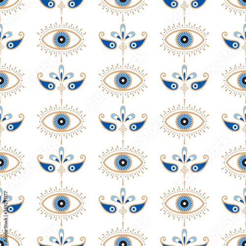 Evil eye vector seamless pattern. Magic, witchcraft, occult symbol, line art collection. Hamsa eye, magical eye, decor element. Blue, white, golden eyes. Fabric, textile, giftware, wallpaper.