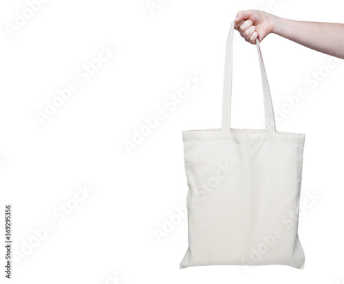 White fabric bag isolated on white background. Top view, mockup.