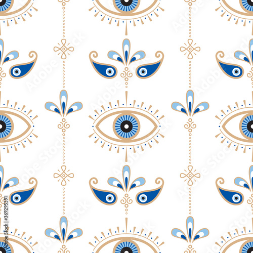 Evil eye vector seamless pattern. Magic, witchcraft, occult symbol, line art collection. Hamsa eye, magical eye, decor element. Blue, white, golden eyes. Fabric, textile, giftware, wallpaper.