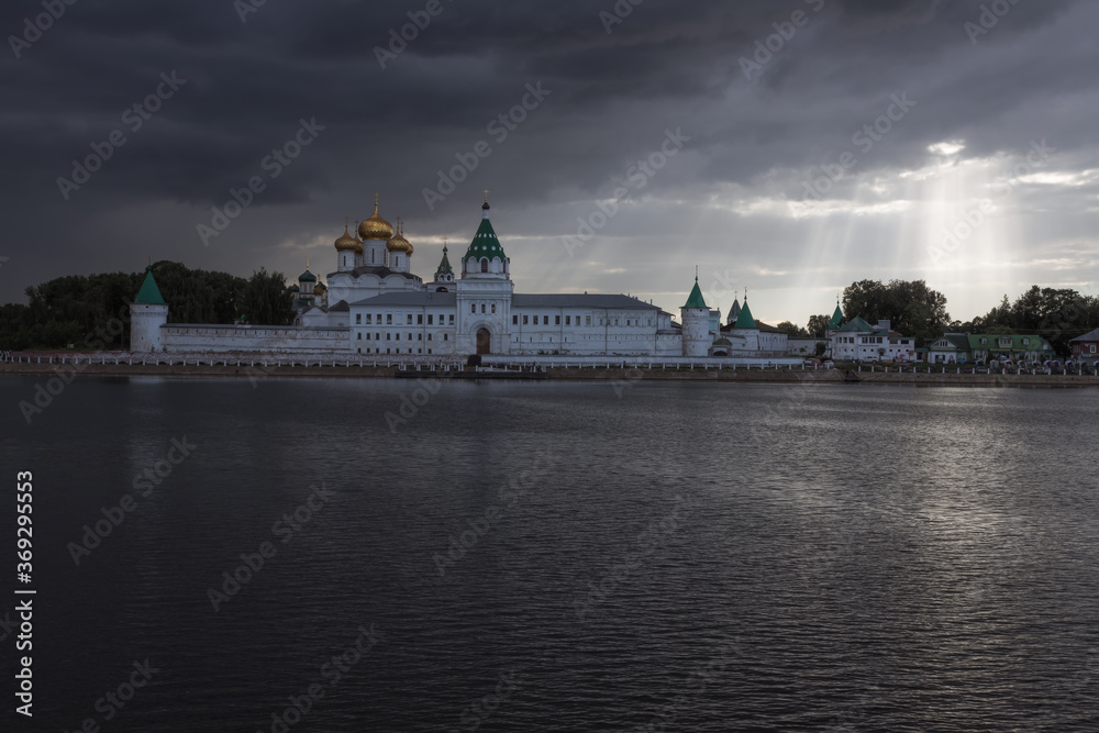 Kostroma, RUSSIA - July 30, 2020: Holy Trinity Ipatiev monastery under a thundercloud in the city of Kostroma on the Bank of the Kostroma river. Gold ring of Russia.