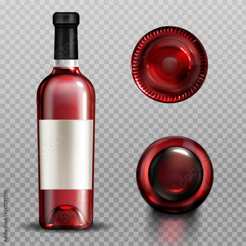 Red wine in glass bottle front, top and bottom view. Vector realistic mockup of clear glass bottle with blank white label full of cabernet, merlot or bordeaux isolated on transparent background