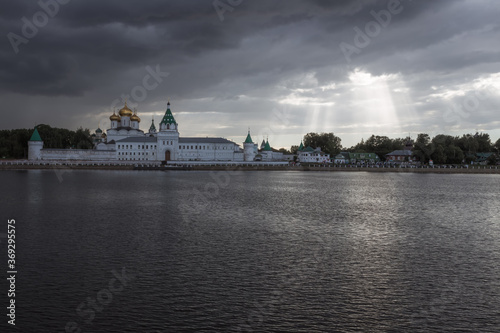 Kostroma, RUSSIA - July 30, 2020: Holy Trinity Ipatiev monastery under a thundercloud in the city of Kostroma on the Bank of the Kostroma river. Gold ring of Russia.