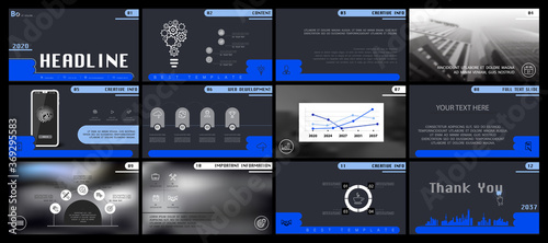 Business presentation template. Vector set, infographic elements, white background. Flyer, postcard, banner advertising marketing. Black and blue design. Slideshows, brochure, leaflets, annual report