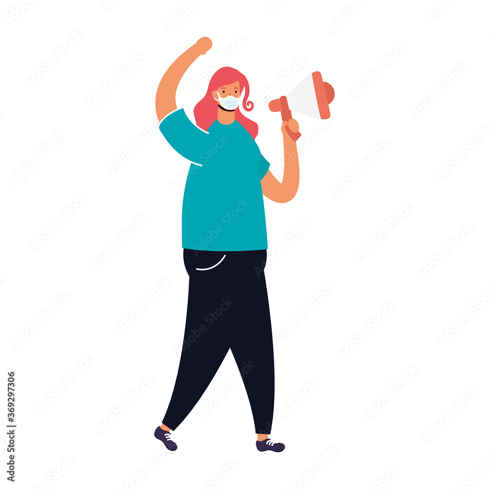 woman wearing medical mask protesting with megaphone woman wearing medical mask protesting with megaphone