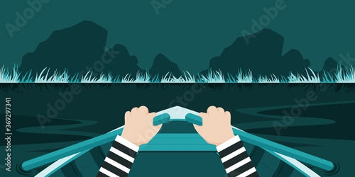 The robbers are fleeing their arrest by rowing into a forest. Illustration about rowing.