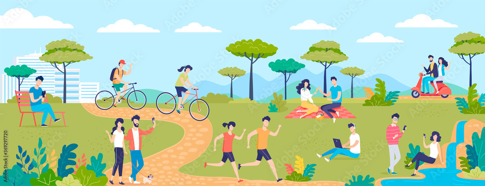 Different people walking in the green city park vector illustration Different people walking in the green city park vector illustration