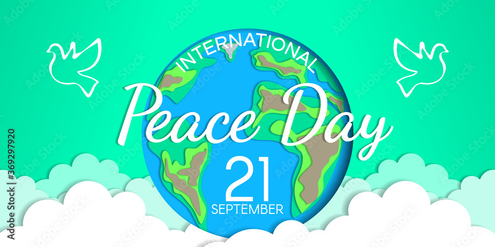 international peace day web banner design with planet earth  doves and clouds  paper cut vector illustration